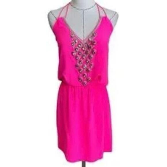 Karina Grimaldi Neon Pink Silk Embellished Rhinestone Beaded Party Dress Revolve - Picture 3 of 10